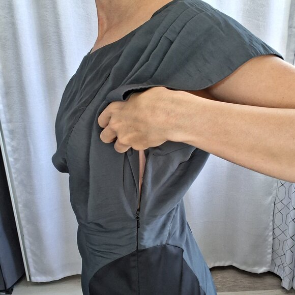 35. All Saints Silky Ruffle Sleeve Werbovy Hip Hugging Mini Dress Grey & Black 6 - Picture 7 of 7